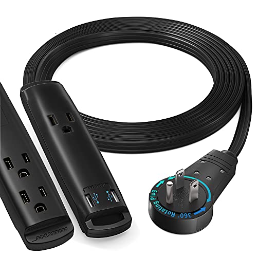 Extension Cord with USB Ports 6FT 360 Rotating Flat Plug Extension Cord 3Outlet with USB Ports 2 Ports 3 Prong Extension Cord Grounded Extension Cord Black UL Certified
